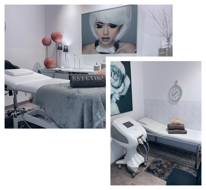 Cabinas de clínica estética con camillas blancas, manta gris y toalla ESTETIK+, equipo estético y decoración moderna en la clínica estética de Logroño.