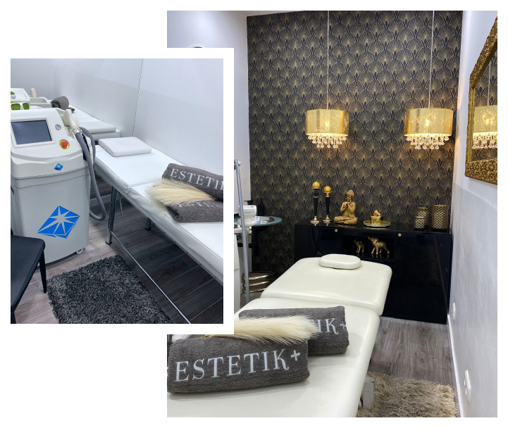 Cabinas de clínica estética con camillas, equipo láser y toallas con logo ESTETIK+, lámparas doradas y decoración elegante en la clínica estética de Vitoria-Gasteiz.