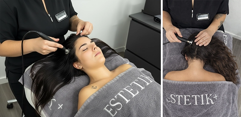 Sesión de Indiba capilar en mujer para estimular el cuero cabelludo y mejorar la densidad y calidad del cabello.