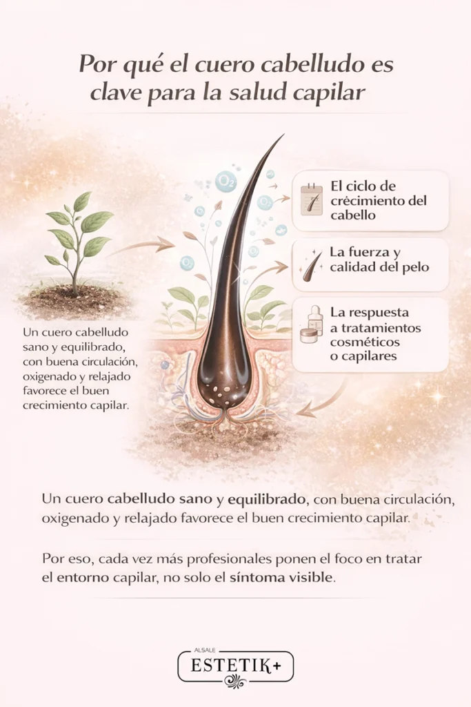 Infografía sobre la importancia del cuero cabelludo en la salud capilar y cómo influye en el crecimiento, la calidad del cabello y la eficacia de los tratamientos.