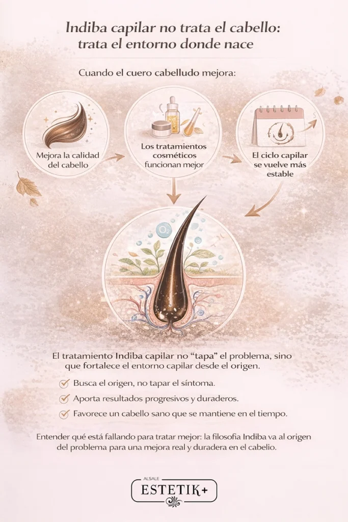 Infografía sobre cómo Indiba capilar actúa en el cuero cabelludo para mejorar la calidad del cabello y estabilizar el ciclo capilar.