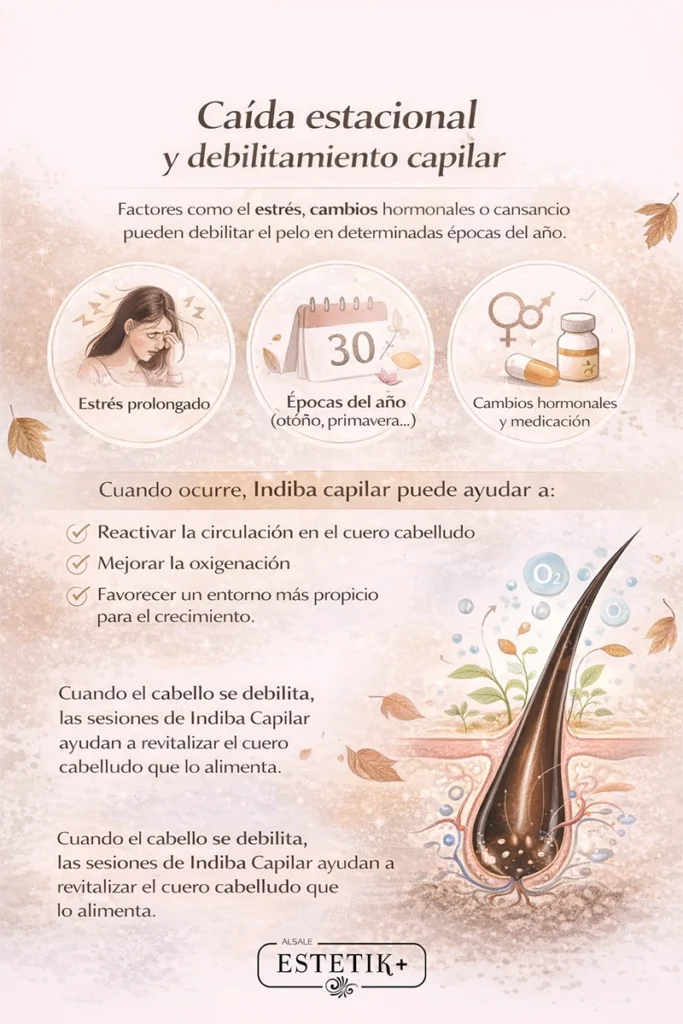 Infografía sobre caída estacional del cabello y cómo Indiba capilar ayuda a mejorar la circulación y oxigenación del cuero cabelludo.